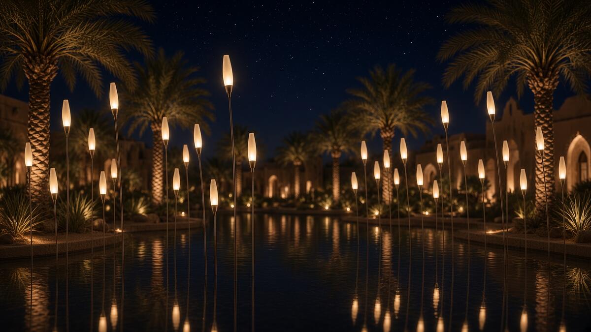 Reed Lights — luminaires in a pond at dusk