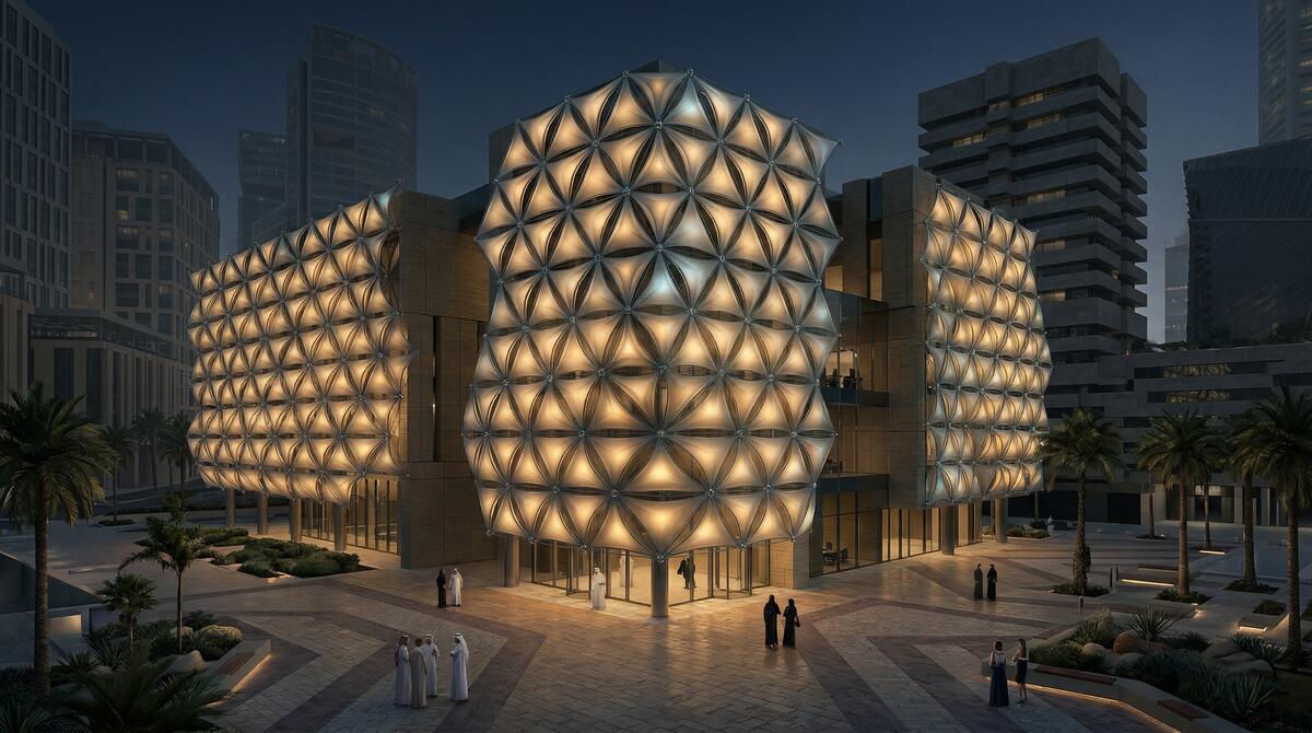 Vision 2030 — a triangulated luminous façade in Riyadh